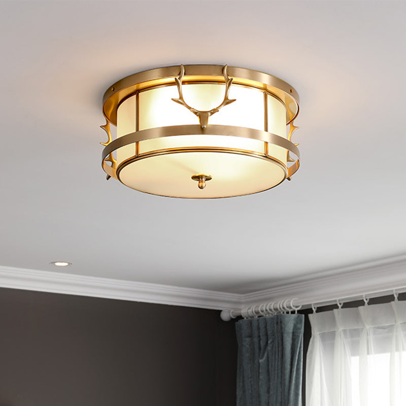 Brass Antler Element Ceiling Lamp Vintage Metallic 4-Light Bedroom Flush Mount Light with Opal Glass Shade