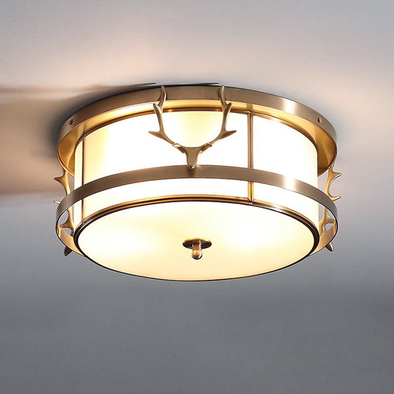 Brass Antler Element Ceiling Lamp Vintage Metallic 4-Light Bedroom Flush Mount Light with Opal Glass Shade