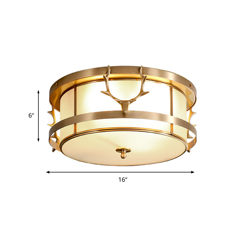 Brass Antler Element Ceiling Lamp Vintage Metallic 4-Light Bedroom Flush Mount Light with Opal Glass Shade