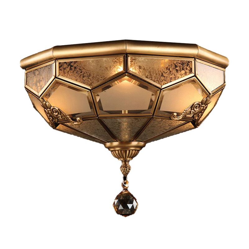 Opal Glass Faceted Dome Ceiling Lighting Chinese Style 3/4-Light Brass Finish Flush Mount Light for Bedroom, 14"/18" W