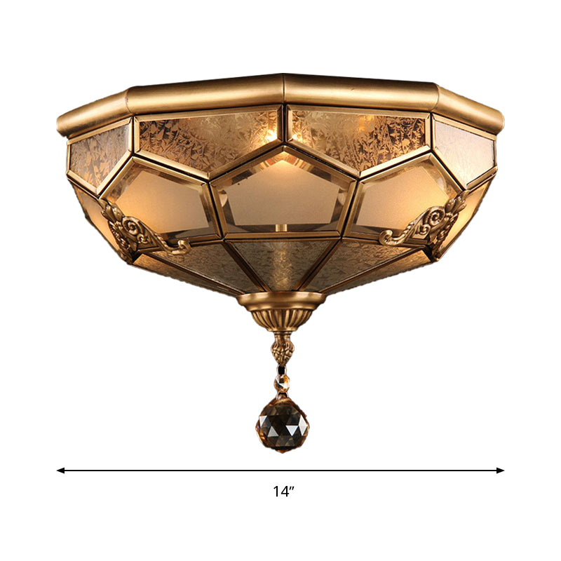 Opal Glass Faceted Dome Ceiling Lighting Chinese Style 3/4-Light Brass Finish Flush Mount Light for Bedroom, 14"/18" W