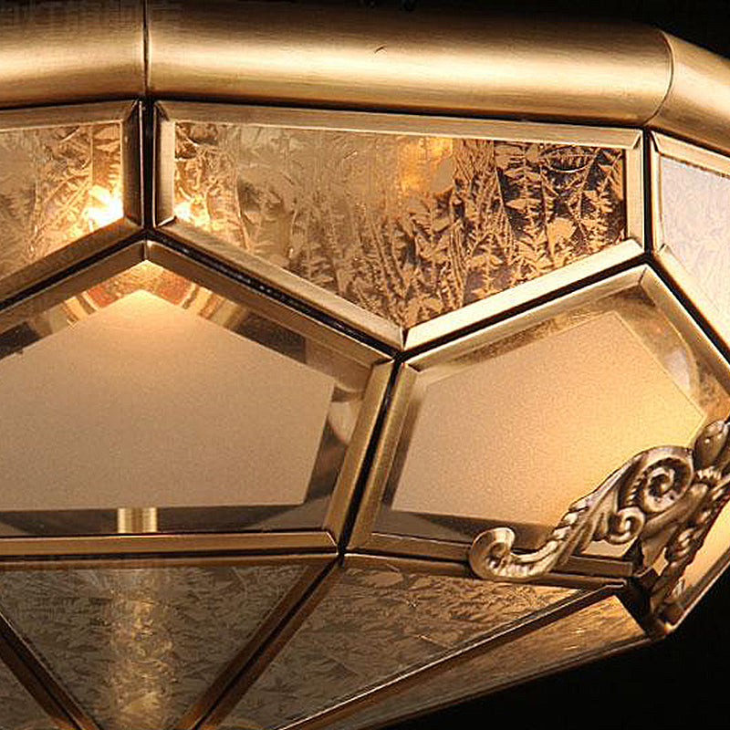 Opal Glass Faceted Dome Ceiling Lighting Chinese Style 3/4-Light Brass Finish Flush Mount Light for Bedroom, 14"/18" W
