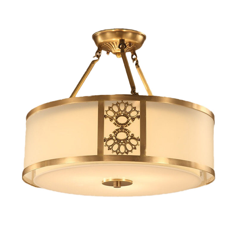 16 "/19,5" W Brass 3/4 têtes Semi Flush Light Light Retro Sablet Blasted Glass Drum Plafond pour le salon