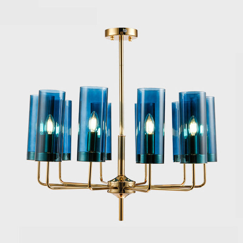 Post-Modern Metal Hanging Chandelier Light Cylindrical Glass Shade Ceiling Chandelier in Gold for Living Room