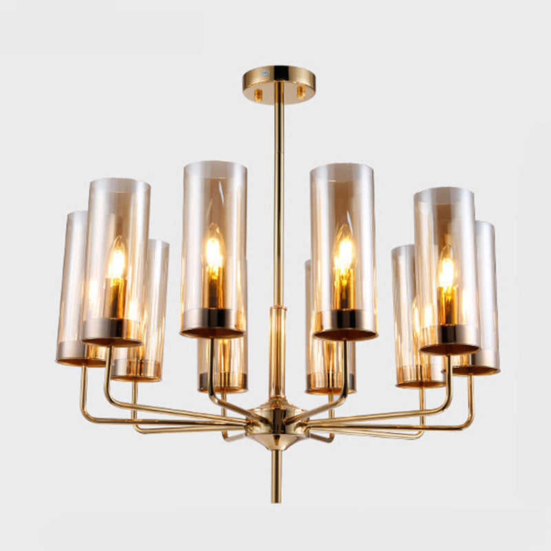 Post-Modern Metal Hanging Chandelier Light Cylindrical Glass Shade Ceiling Chandelier in Gold for Living Room