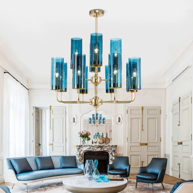 Post-Modern Metal Hanging Chandelier Light Cylindrical Glass Shade Ceiling Chandelier in Gold for Living Room