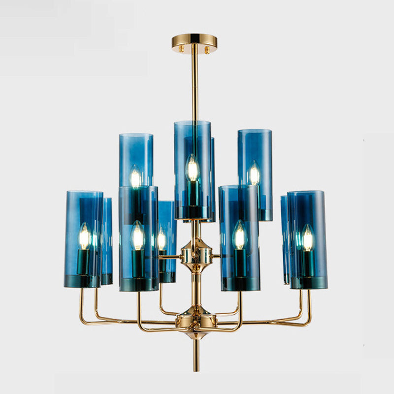 Post-Modern Metal Hanging Chandelier Light Cylindrical Glass Shade Ceiling Chandelier in Gold for Living Room