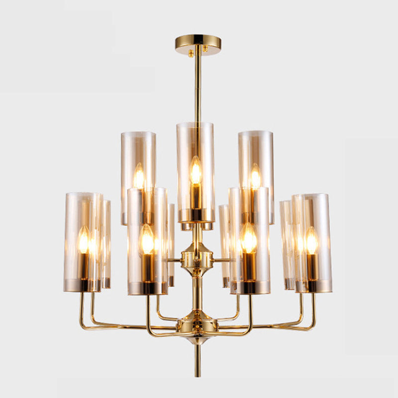 Post-Modern Metal Hanging Chandelier Light Cylindrical Glass Shade Ceiling Chandelier in Gold for Living Room