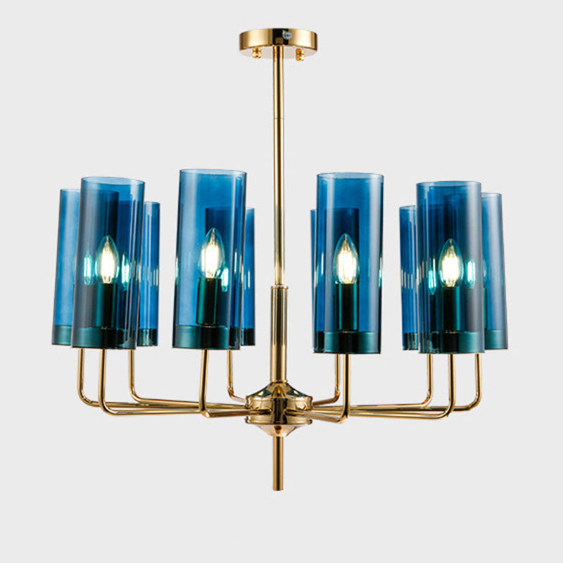 Post-Modern Metal Hanging Chandelier Light Cylindrical Glass Shade Ceiling Chandelier in Gold for Living Room