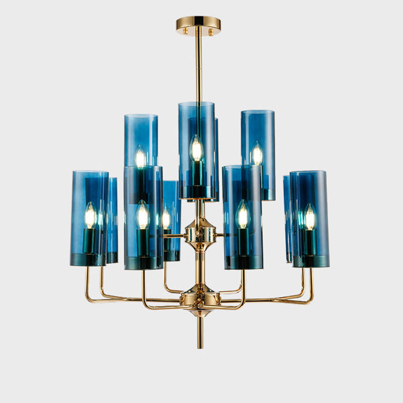 Post-Modern Metal Hanging Chandelier Light Cylindrical Glass Shade Ceiling Chandelier in Gold for Living Room