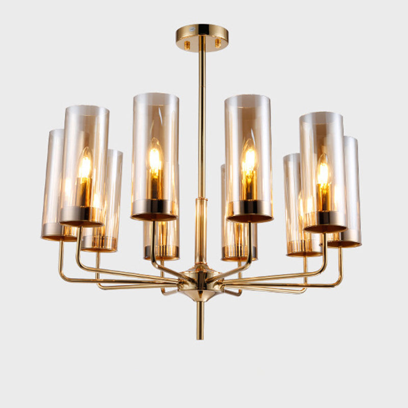 Post-Modern Metal Hanging Chandelier Light Cylindrical Glass Shade Ceiling Chandelier in Gold for Living Room
