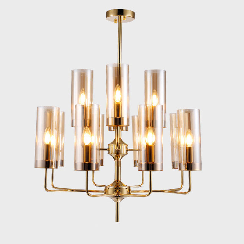 Post-Modern Metal Hanging Chandelier Light Cylindrical Glass Shade Ceiling Chandelier in Gold for Living Room