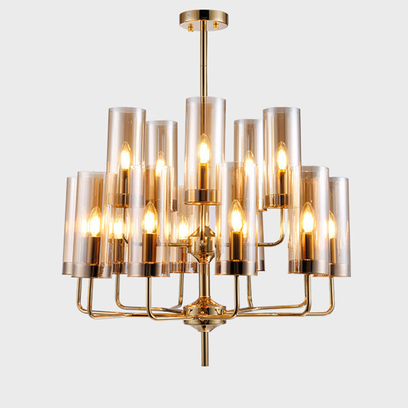 Post-Modern Metal Hanging Chandelier Light Cylindrical Glass Shade Ceiling Chandelier in Gold for Living Room