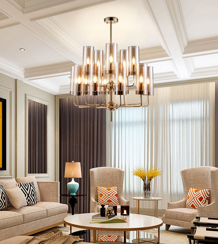 Post-Modern Metal Hanging Chandelier Light Cylindrical Glass Shade Ceiling Chandelier in Gold for Living Room