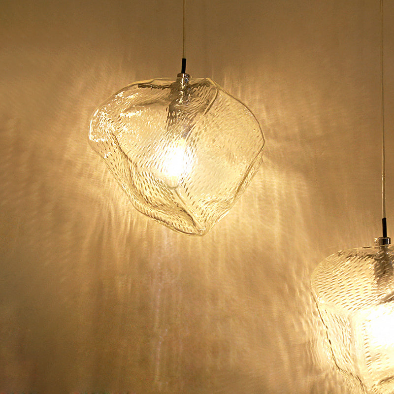 Icy Glass Stone Shaped Suspension Lamp Simplicity 1-Light Chrome Pendant for Dining Room