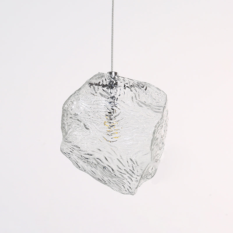 Icy Glass Stone Shaped Suspension Lamp Simplicity 1-Light Chrome Pendant for Dining Room
