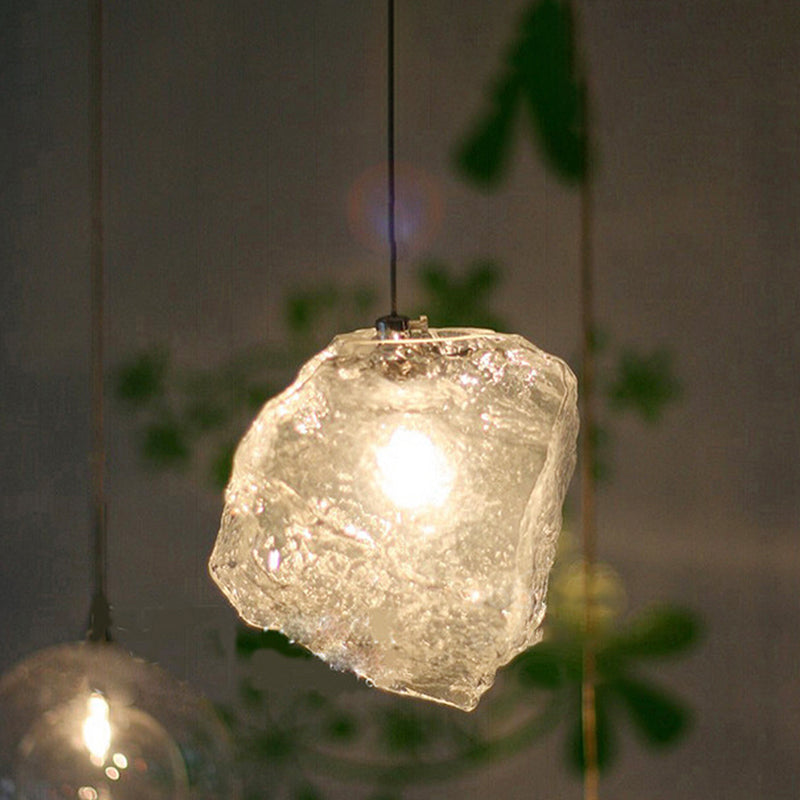 Icy Glass Stone Shaped Suspension Lamp Simplicity 1-Light Chrome Pendant for Dining Room
