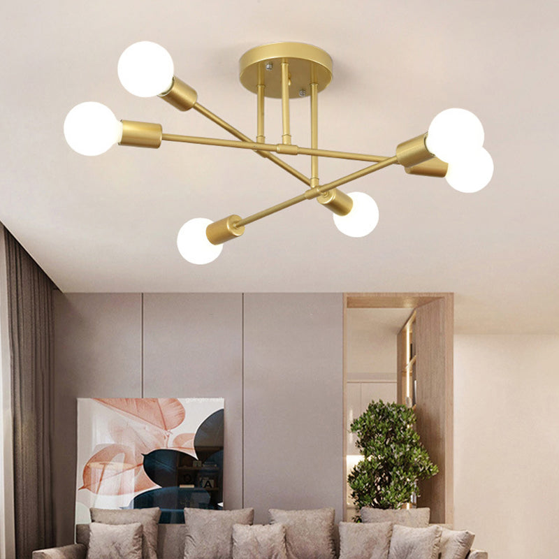Metal Industrial Minimalist Style Semi Flush Mount Radial Bare Bulb Ceiling Light for Dining Room