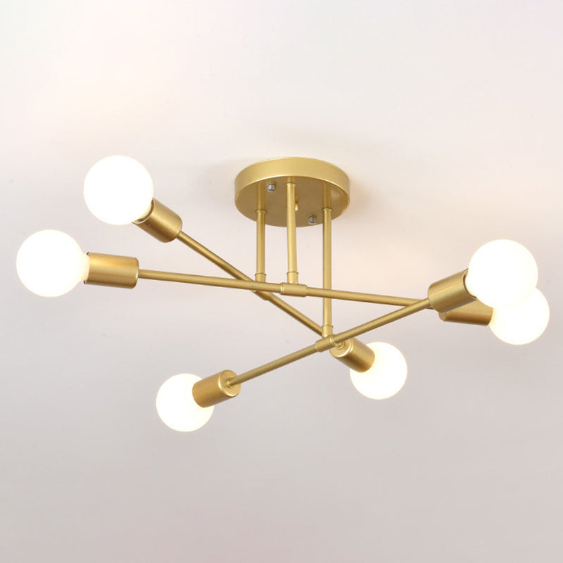 Metal Industrial Minimalist Style Semi Flush Mount Radial Bare Bulb Ceiling Light for Dining Room