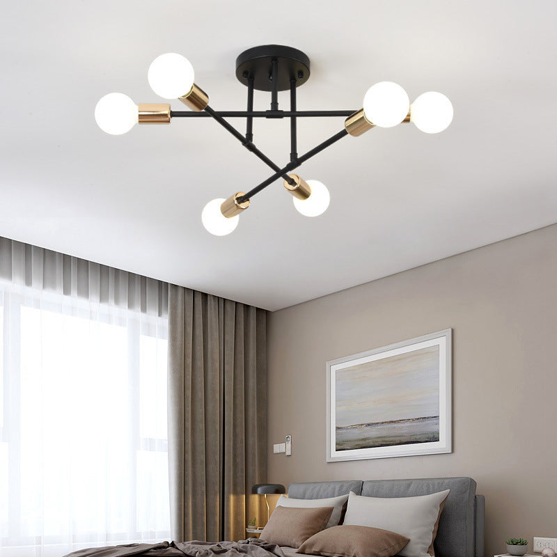 Metal Industrial Minimalist Style Semi Flush Mount Radial Bare Bulb Ceiling Light for Dining Room