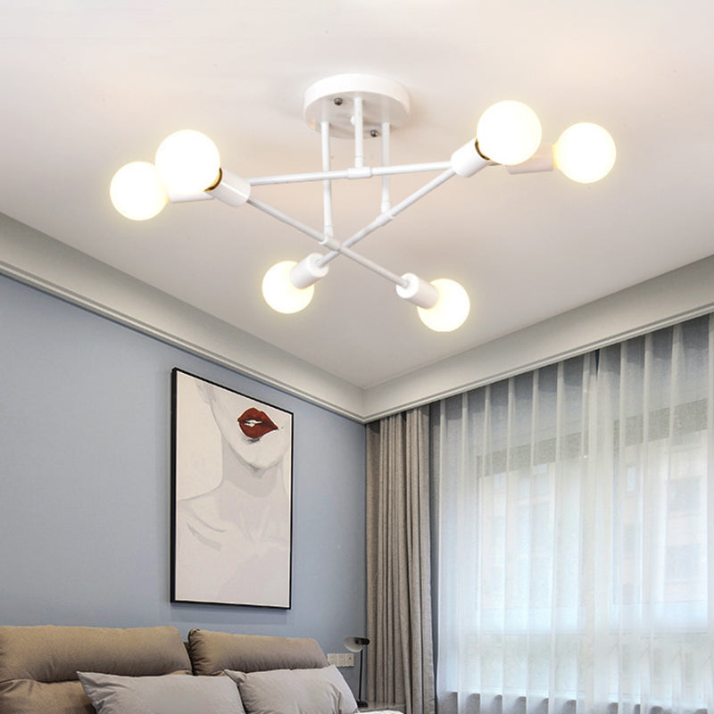 Metal Industrial Minimalist Style Semi Flush Mount Radial Bare Bulb Ceiling Light for Dining Room