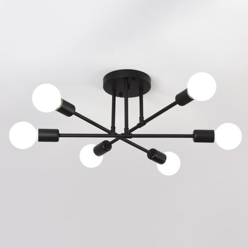 Metal Industrial Minimalist Style Semi Flush Mount Radial Bare Bulb Ceiling Light for Dining Room