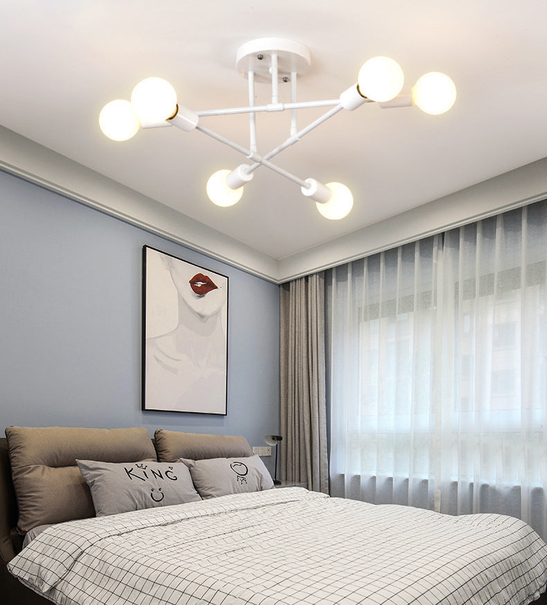 Metal Industrial Minimalist Style Semi Flush Mount Radial Bare Bulb Ceiling Light for Dining Room