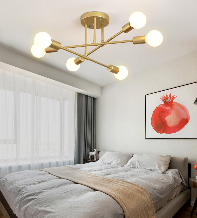 Metal Industrial Minimalist Style Semi Flush Mount Radial Bare Bulb Ceiling Light for Dining Room