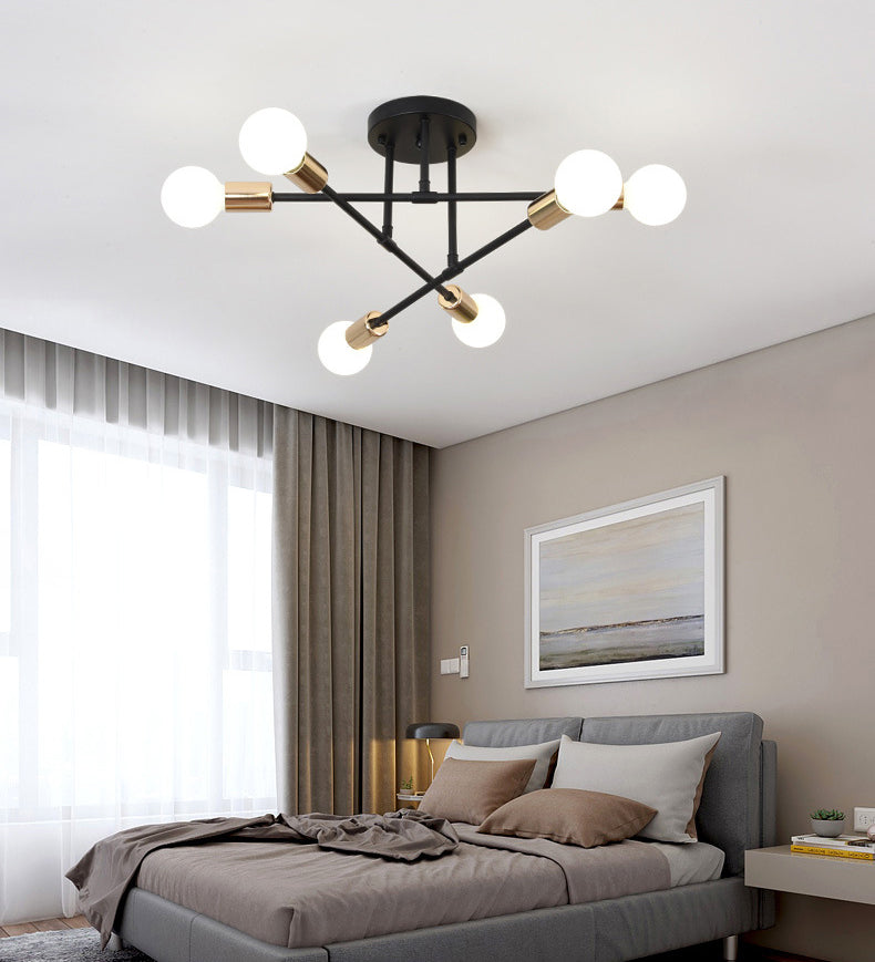 Metal Industrial Minimalist Style Semi Flush Mount Radial Bare Bulb Ceiling Light for Dining Room