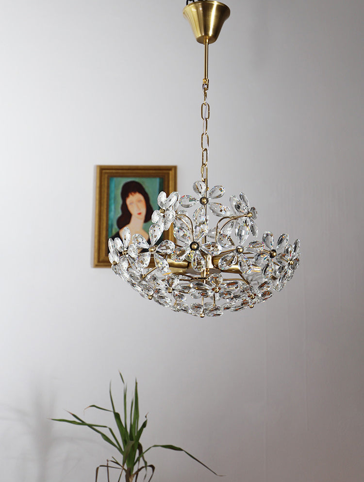 Fantasy Petal-shaped Crystal Chandelier Vintage Brass Multi-lights Lighting Fixture for Living Room