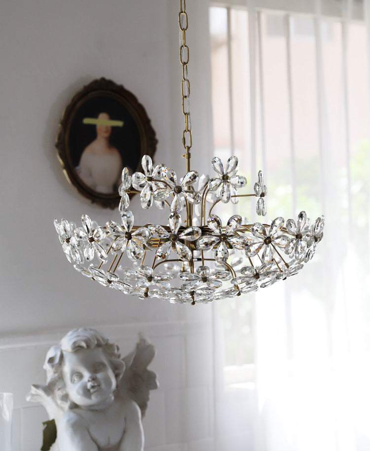 Fantasy Petal-shaped Crystal Chandelier Vintage Brass Multi-lights Lighting Fixture for Living Room