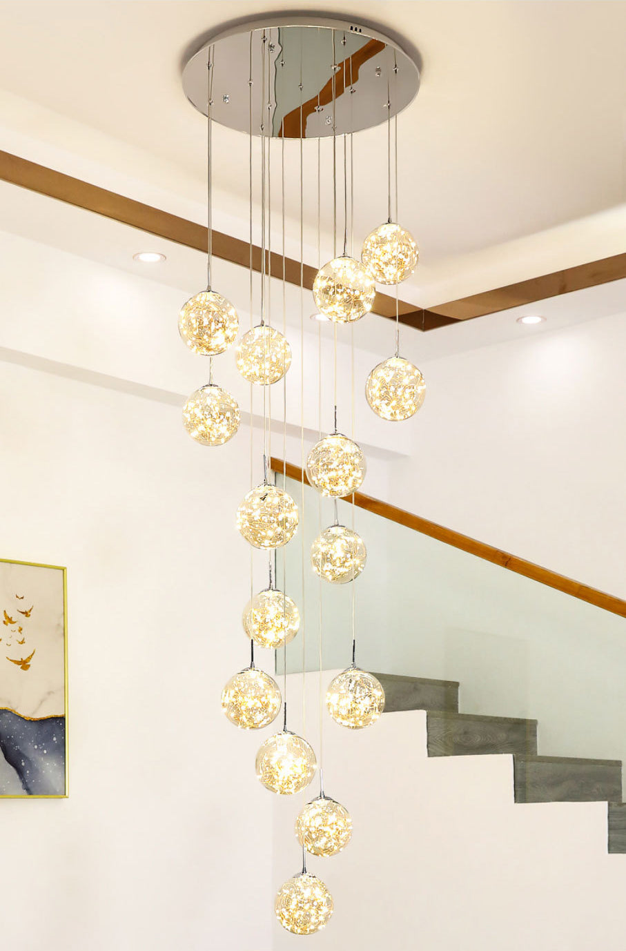Moderno lampada sospesa sferica a pendente a pendente a 15 luci a 15 luci con tonalità di vetro per le scale