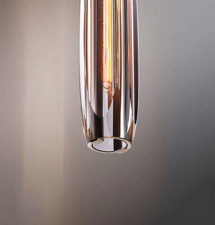 15.3" Length K9 Crystal Hanging Light Post-modern Style Brass Simplicity Lighting Fixture in Smoke Grey for Dining Room