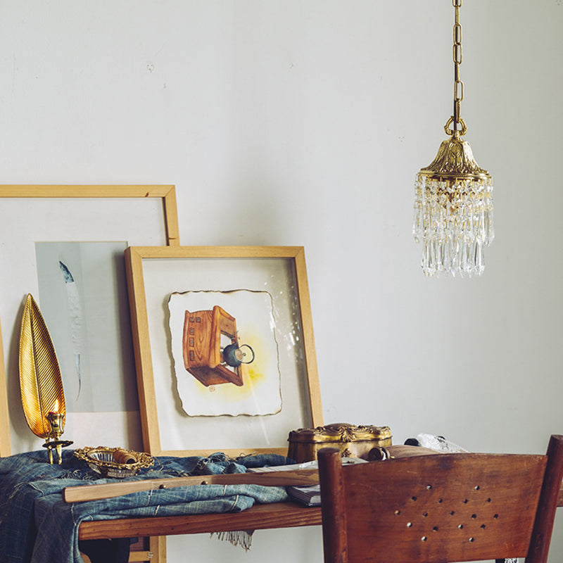 Vintage Wind Chime Crystal Pendant Lamp Golden Relief Crown Hanging Light for Bedroom