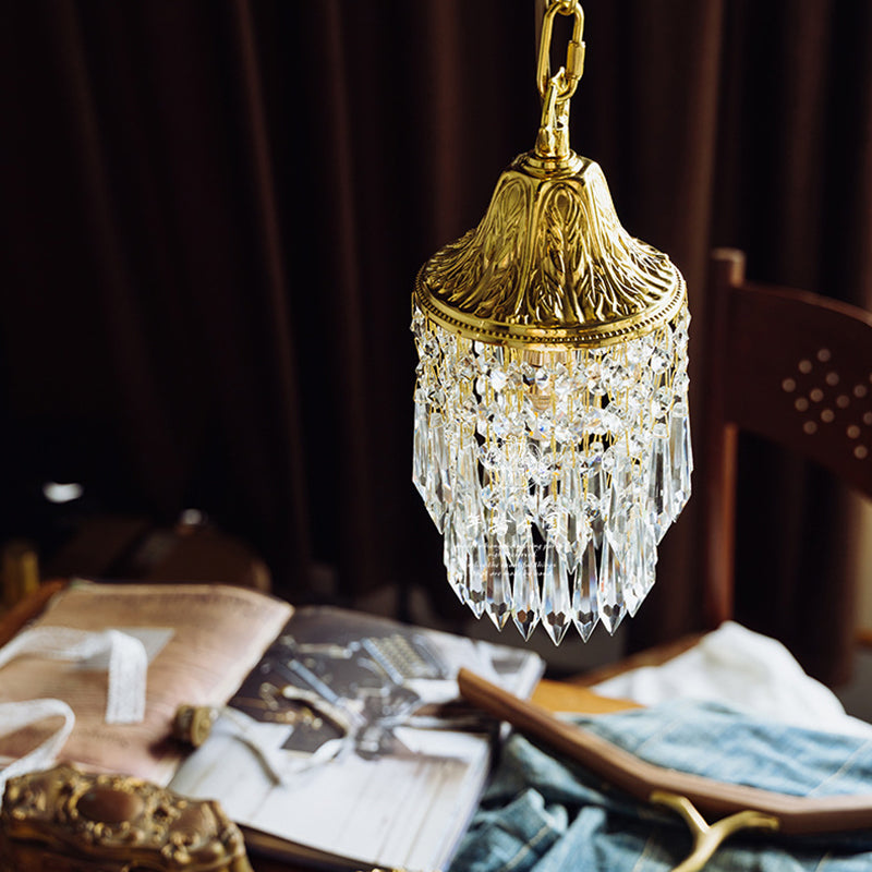 Vintage Wind Chime Crystal Pendant Lamp Golden Relief Crown Hanging Light for Bedroom