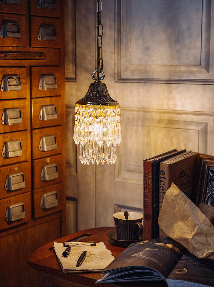 Vintage Wind Chime Crystal Pendant Lamp Golden Relief Crown Hanging Light for Bedroom