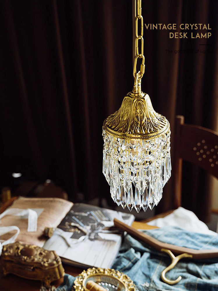 Vintage Wind Chime Crystal Pendant Lamp Golden Relief Crown Hanging Light for Bedroom