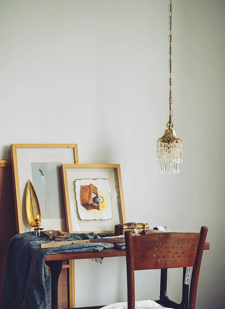 Vintage Wind Chime Crystal Pendant Lamp Golden Relief Crown Hanging Light for Bedroom