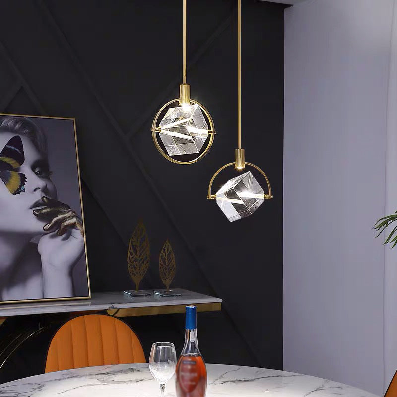 Post-modern Style Mini LED Pendant Light Square Crystal Shade Design Home Decorative Lighting Fixture in Gold