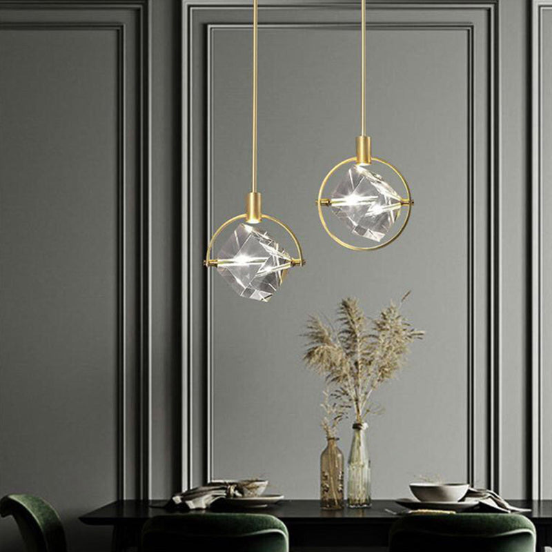Post-modern Style Mini LED Pendant Light Square Crystal Shade Design Home Decorative Lighting Fixture in Gold