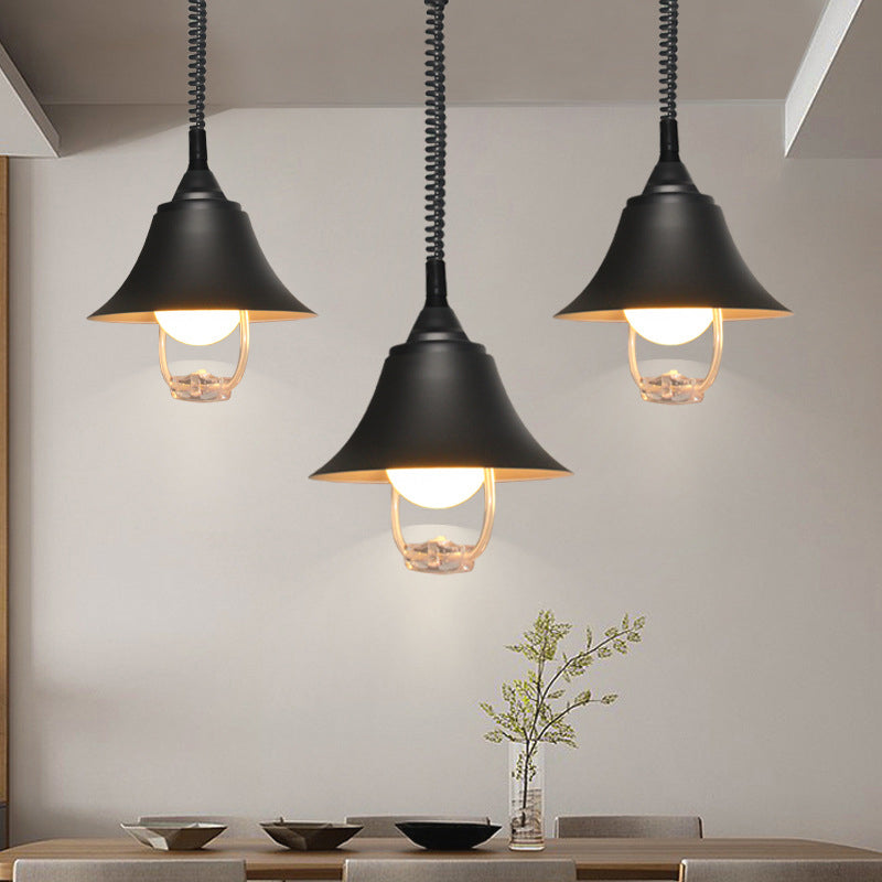 Luz de colgante en forma de campana negra lámpara de suspensión de metal de 1 bombilla nórdica con cable elástico y mango