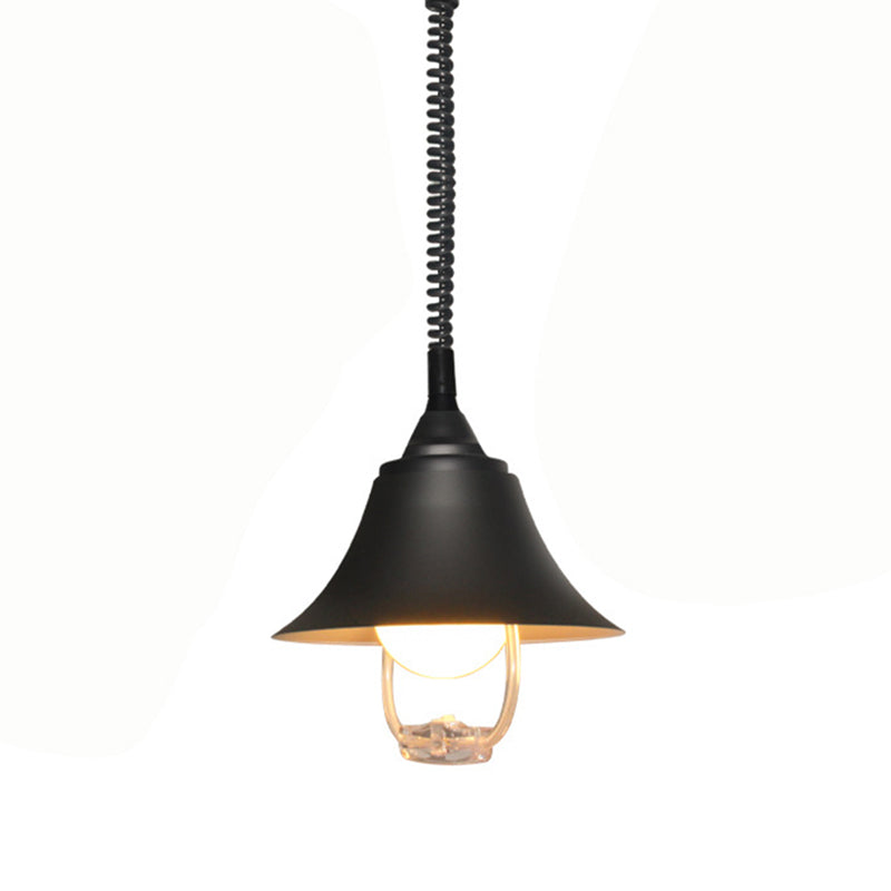 Luz de colgante en forma de campana negra lámpara de suspensión de metal de 1 bombilla nórdica con cable elástico y mango