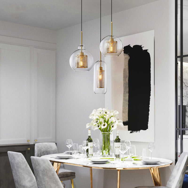 Brass 1 Light Hanging Pendant Light Modern Minimalist Clear Glass Dining Table Hanging Lamp