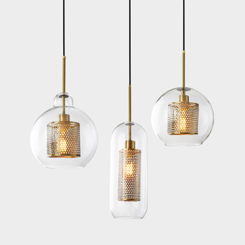 Brass 1 Light Hanging Pendant Light Modern Minimalist Clear Glass Dining Table Hanging Lamp