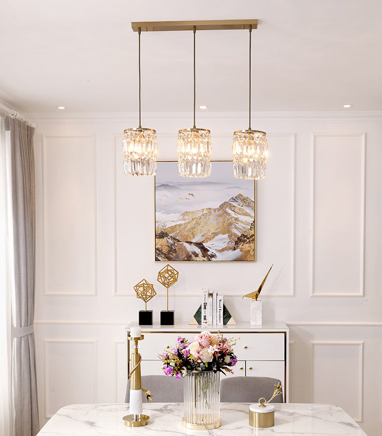 3 luces Cilíndricas de cristal de la isla de cristal 26.7 "de ancho de ancho de iluminación de latón de estilo nórdico para comedor