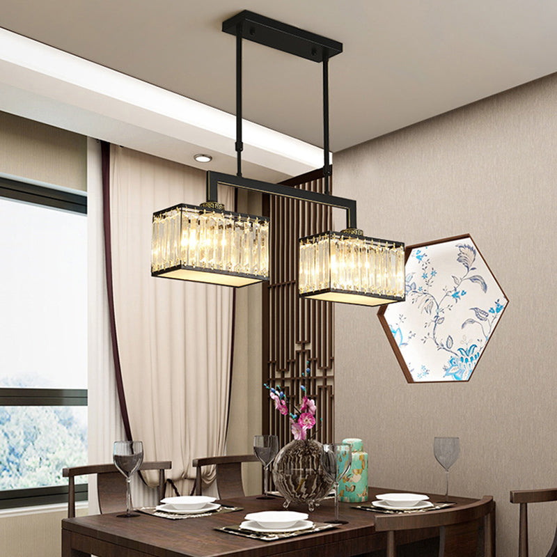 Contemporary 2-light Kitchen Island Lighting Wrought Iron with Rectangle Crystal Shade