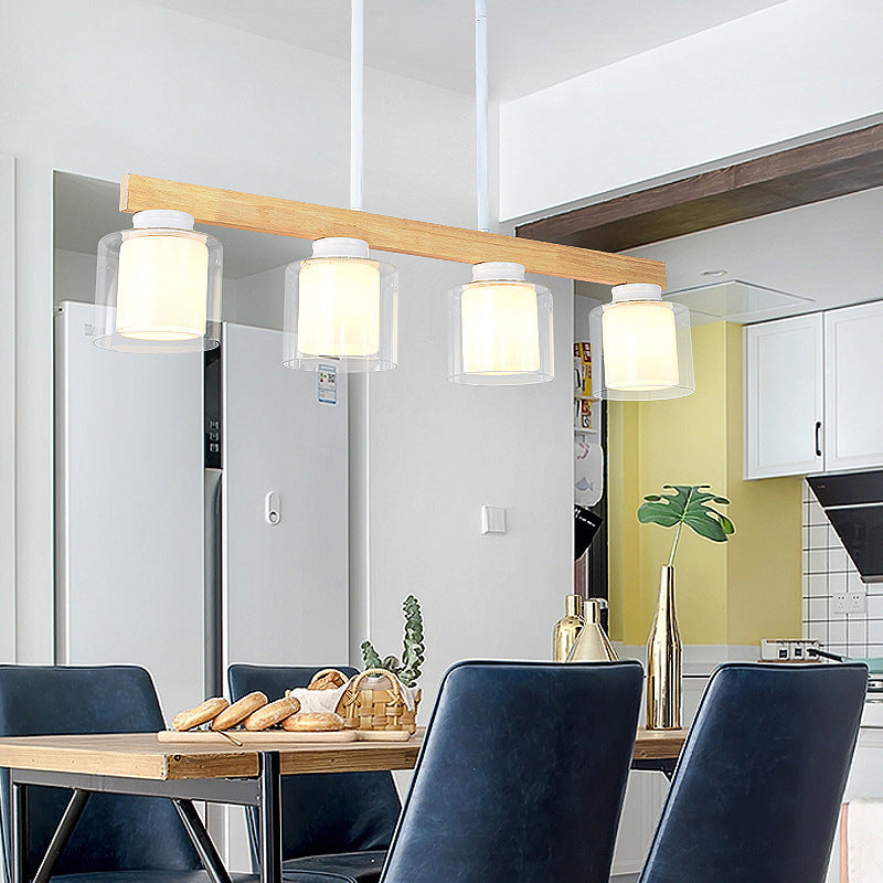 Modern 4-Light Wooden Island Lighting Design with Clear Glass Shade
