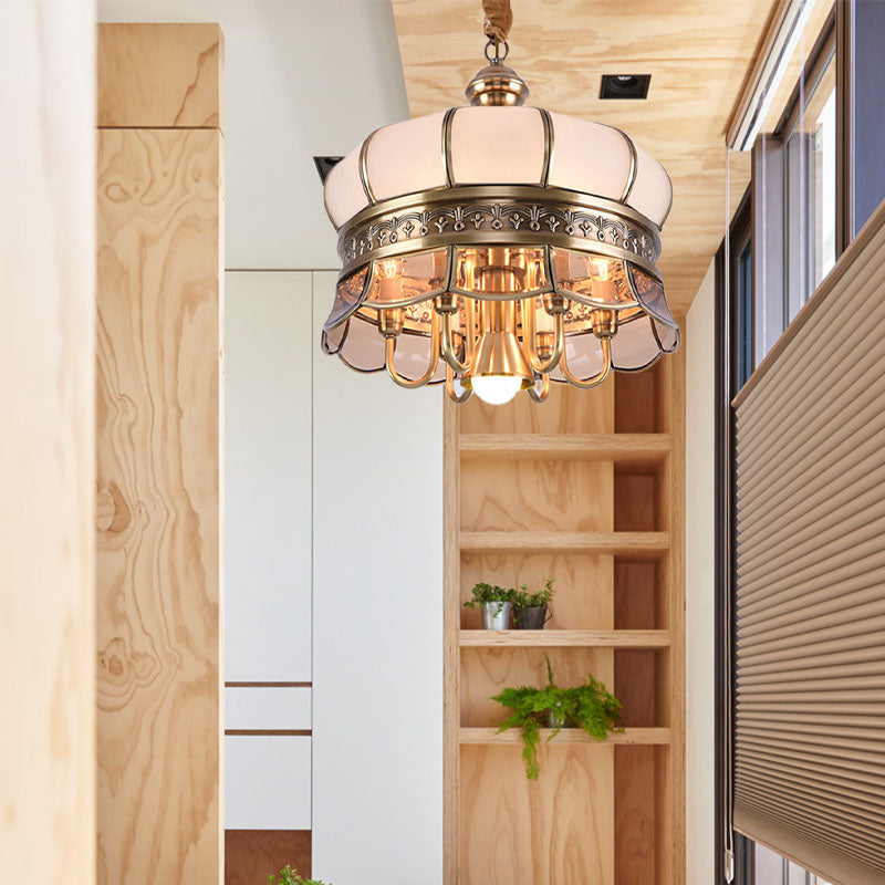 Scalloped Living Room Ceiling Chandelier Colonial Milky Glass 5/7 Heads Gold Hanging Light Fixture