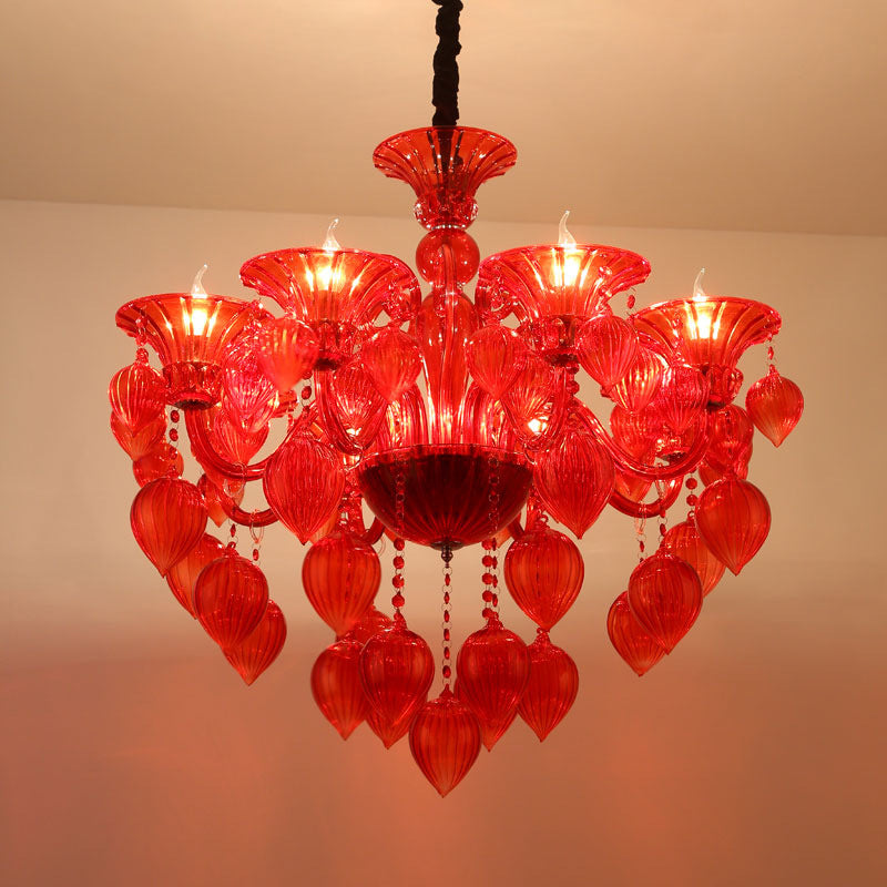 Luz de techo de caída de cristal de Candelabra Candelabra Candelier de 6 cabezas Iluminación de lámpara de lámpara de sala de estar en cristal azul/púrpura/rojo