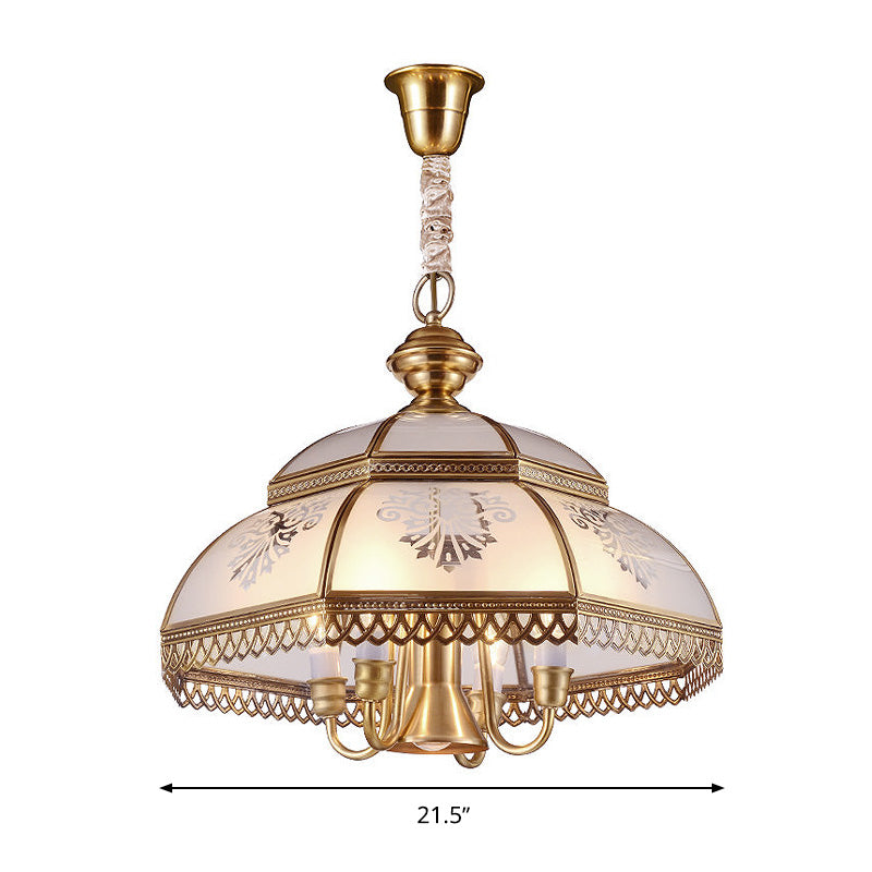 Gold 7 Heads Chandelier Lighting Colonialism Mouth Blown Opaline Glass Dome Pendant Ceiling Light for Dining Room